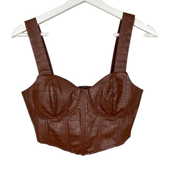 Urban Outfitters OLM Faux Leather Bustier Crop Top M Brown Croc Smocked Corset - Picture 1 of 12